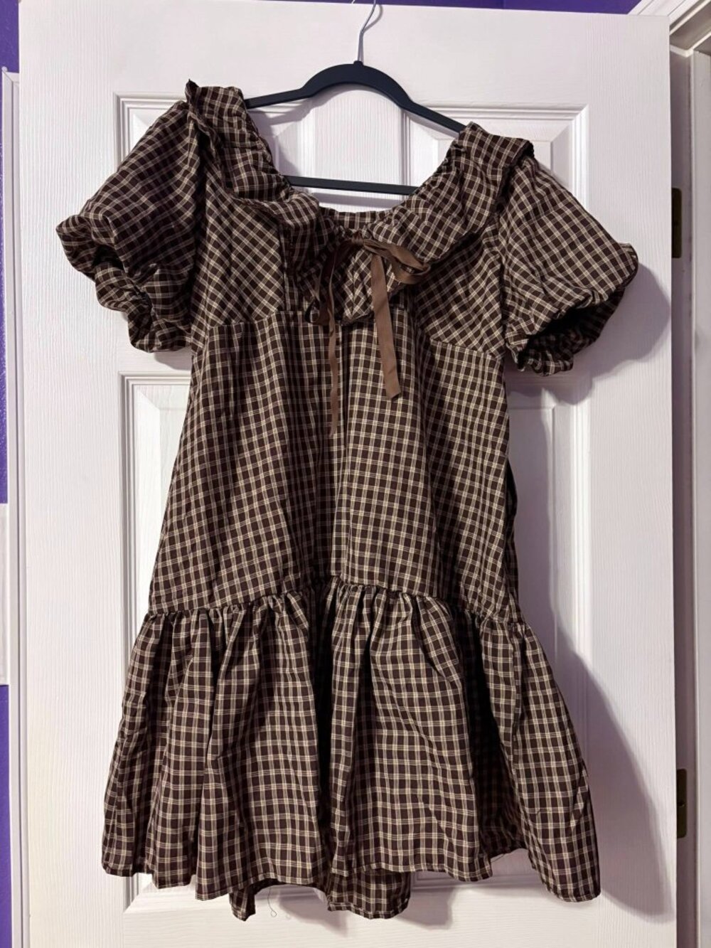 Brown Plaid Puff Sleeve Babydoll Mini Dress Cottagecore Coquette Ruffle Tie Fron
